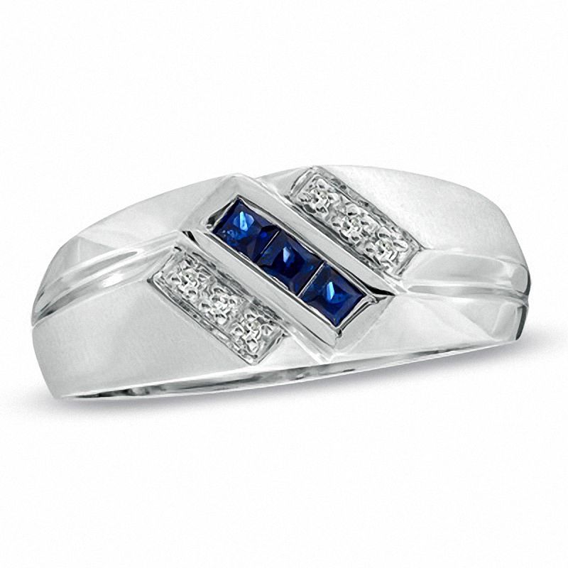 Main Image 1 of Previously Owned - Men's Square-Cut Lab-Created Blue Sapphire and Diamond Accent Ring in 10K White Gold