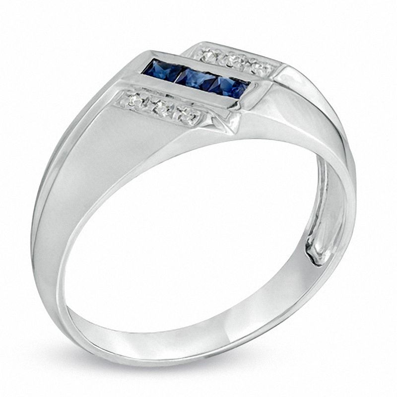 Main Image 2 of Previously Owned - Men's Square-Cut Lab-Created Blue Sapphire and Diamond Accent Ring in 10K White Gold