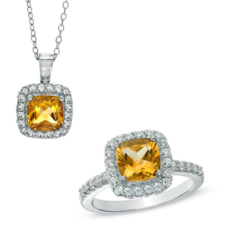 Main Image 1 of Previously Owned - 7.0mm Citrine and Lab-Created White Sapphire Pendant and Ring Set in Sterling Silver - Size 7