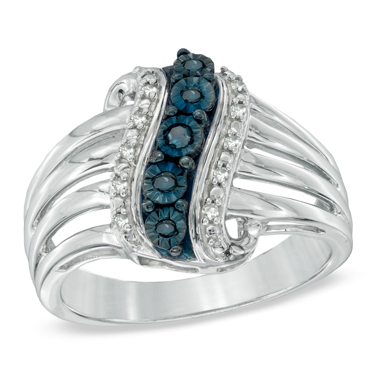 Main Image 1 of Previously Owned - Enhanced Blue and White Diamond Accent Linear Wave Ring in Sterling Silver