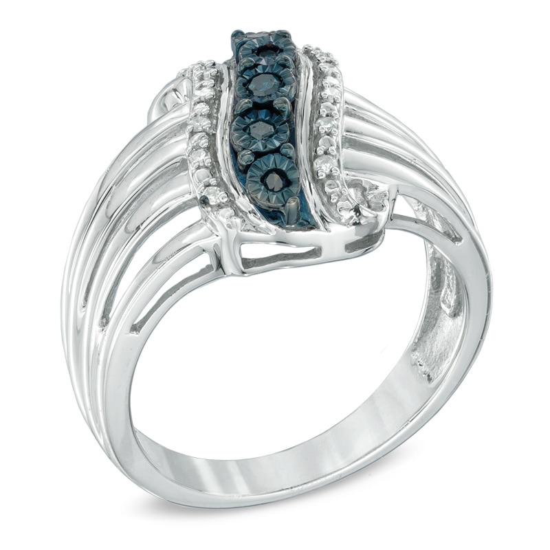 Main Image 2 of Previously Owned - Enhanced Blue and White Diamond Accent Linear Wave Ring in Sterling Silver