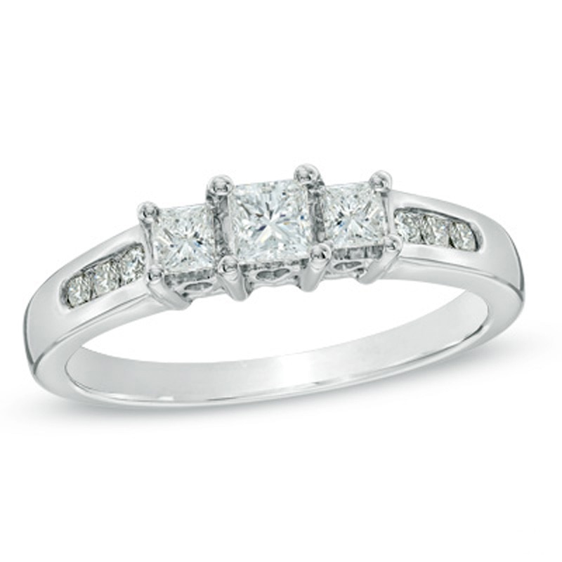 Previously Owned - 1/2 CT. T.W. Princess-Cut Diamond Past Present Future® Ring in 14K White Gold