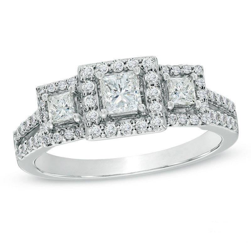 Previously Owned - 1 CT. T.W. Princess-Cut Diamond Past Present Future® Ring in 14K White Gold