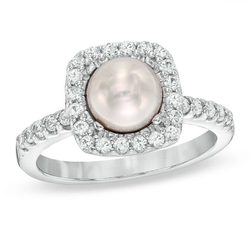 Main Image 1 of Previously Owned-6.5-7.0mm Freshwater Cultured Pearl and Lab-Created White Sapphire Frame Ring-Size 7