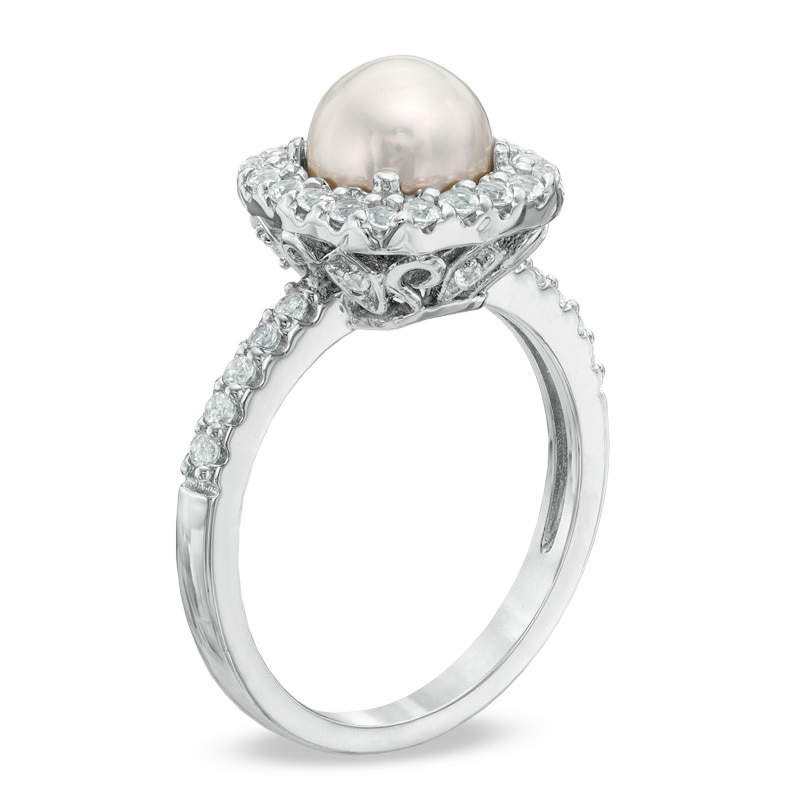 Main Image 2 of Previously Owned-6.5-7.0mm Freshwater Cultured Pearl and Lab-Created White Sapphire Frame Ring-Size 7
