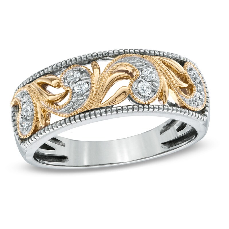 Main Image 1 of Previously Owned - 1/8 CT. T.W. Diamond Vintage-Style Scroll Band in 10K Two-Tone Gold