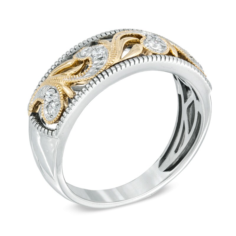 Main Image 2 of Previously Owned - 1/8 CT. T.W. Diamond Vintage-Style Scroll Band in 10K Two-Tone Gold