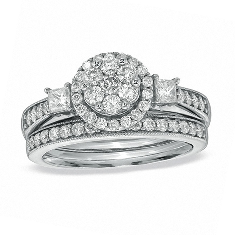 Main Image 1 of Previously Owned - 1 CT. T.W. Round and Princess-Cut Diamond Flower Bridal Set in 10K White Gold