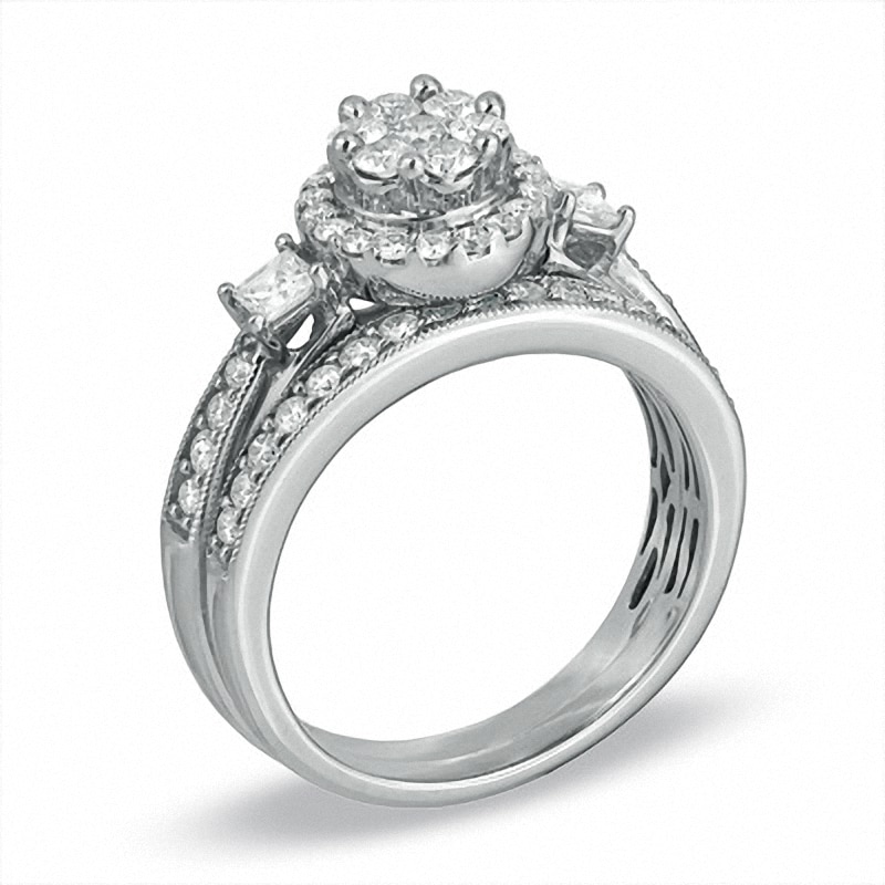 Main Image 2 of Previously Owned - 1 CT. T.W. Round and Princess-Cut Diamond Flower Bridal Set in 10K White Gold