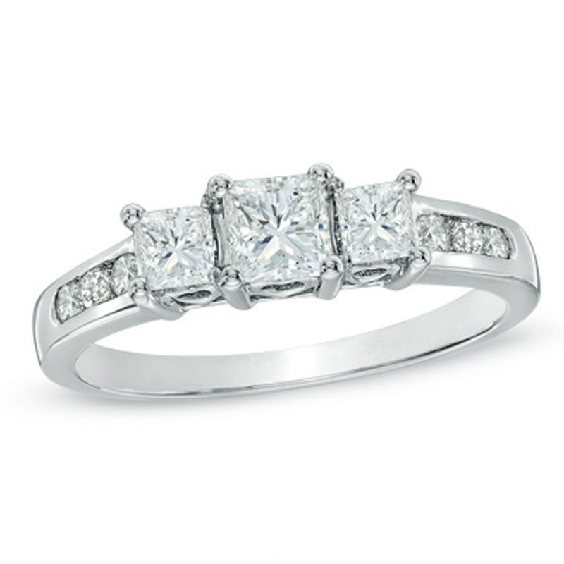 Previously Owned - 1 CT. T.W. Princess-Cut Diamond Past Present Future® Engagement Ring in 14K White Gold