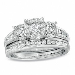 Previously Owned - 1 CT. T.W. Diamond Three Stone Bridal Set in 14K White Gold