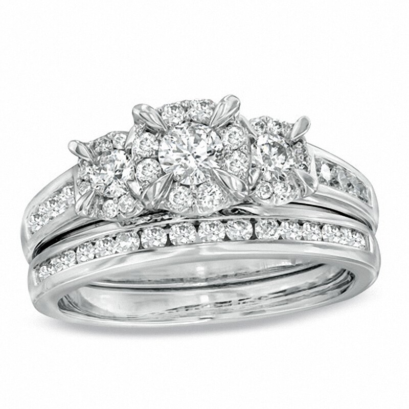 Main Image 1 of Previously Owned - 1 CT. T.W. Diamond Three Stone Bridal Set in 14K White Gold