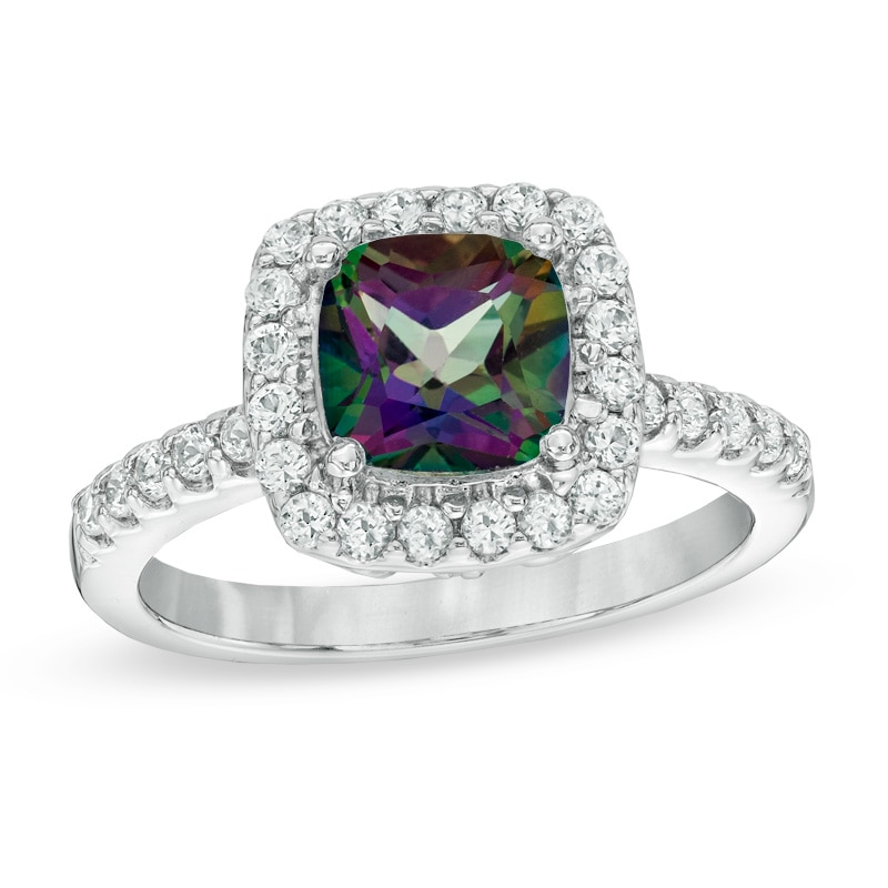 Main Image 1 of Previously Owned - 7.0mm Mystic Fire® Topaz and Lab-Created White Sapphire Frame Ring in Sterling Silver