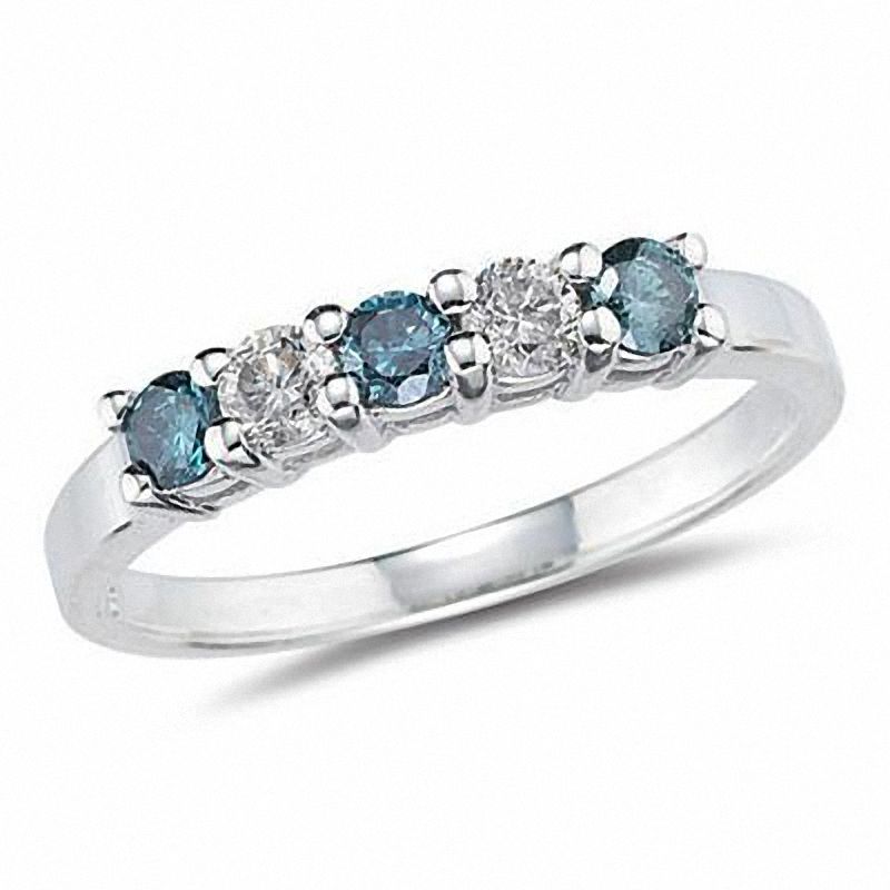 Main Image 1 of Previously Owned - 1/2 CT. T.W.  Enhanced Fancy Blue and White Diamond Five Stone Band in 14K White Gold (SI2)