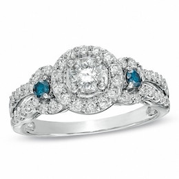 Previously Owned - 1 CT. T.W. Blue Enhanced and White Diamond Three Stone Frame Ring in 14K White Gold