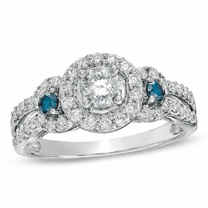 Main Image 1 of Previously Owned - 1 CT. T.W. Blue Enhanced and White Diamond Three Stone Frame Ring in 14K White Gold