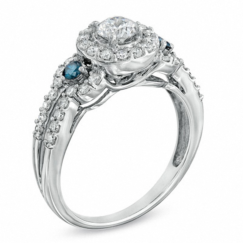 Main Image 2 of Previously Owned - 1 CT. T.W. Blue Enhanced and White Diamond Three Stone Frame Ring in 14K White Gold