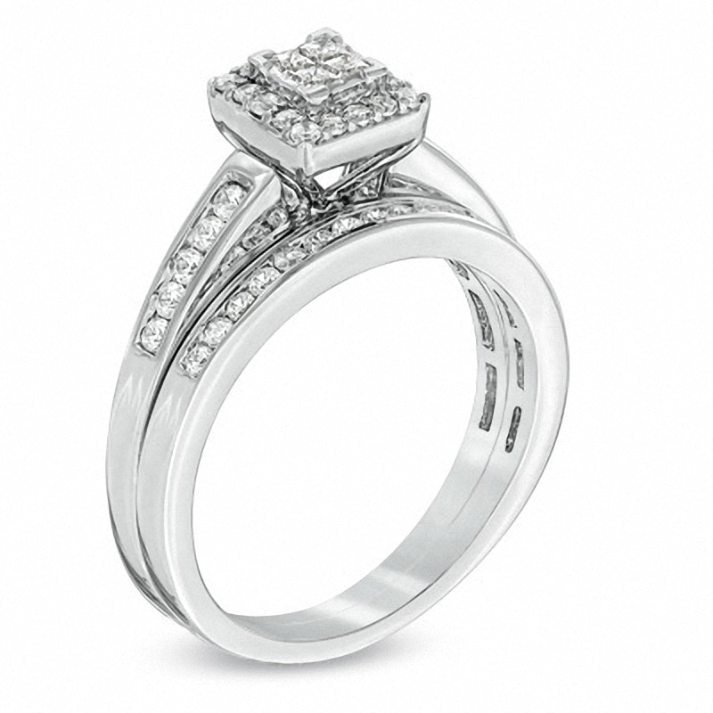 Main Image 2 of Previously Owned - 1/2 CT. T.W. Quad Princess-Cut Diamond Bridal Set in 10K White Gold