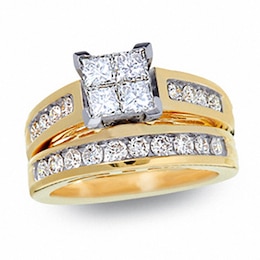 Previously Owned - 1-1/2 CT. T.W. Quad Princess-Cut Diamond Bridal Set in 14K Gold
