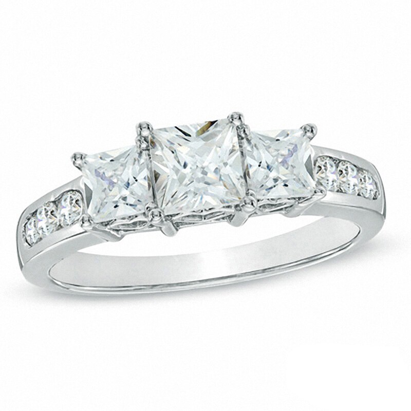Main Image 1 of Previously Owned - 1-1/2 CT. T.W. Princess-Cut Diamond Past Present Future® Ring in 14K White Gold
