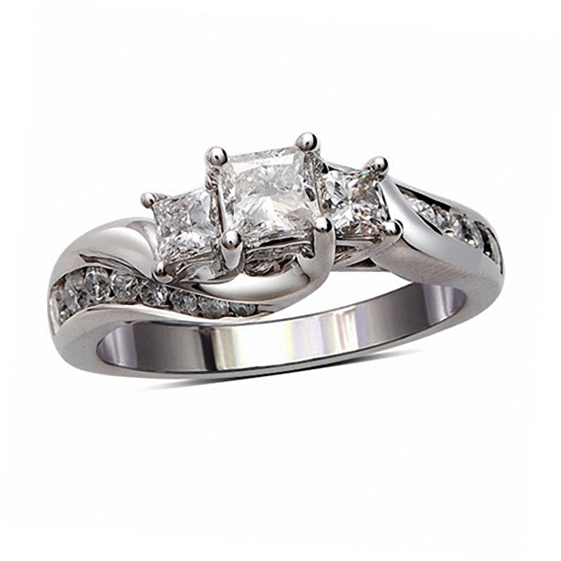 Main Image 1 of Previously Owned - 1 CT. T.W. Princess-Cut Diamond Three Stone Swirl Ring in 14K White Gold