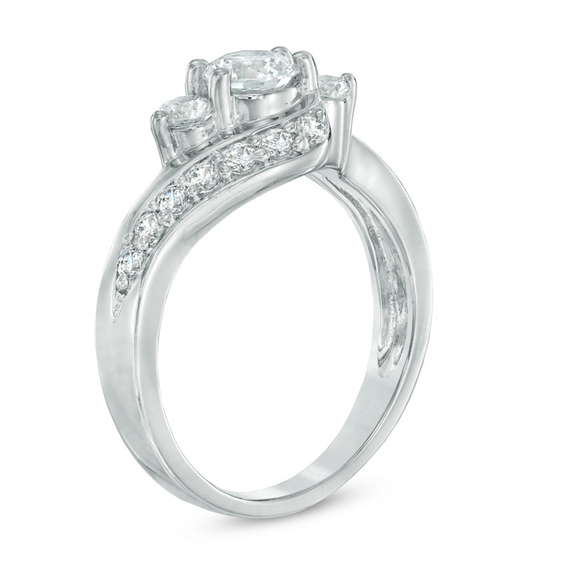 Main Image 2 of Previously Owned - 1 CT. T.W. Diamond Three Stone Bypass Slant Ring in 10K White Gold