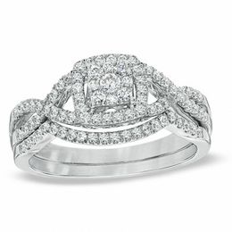 Previously Owned - 1/2 CT. T.W. Cushion-Shaped Multi-Diamond Twist Shank Bridal Set in 10K White Gold