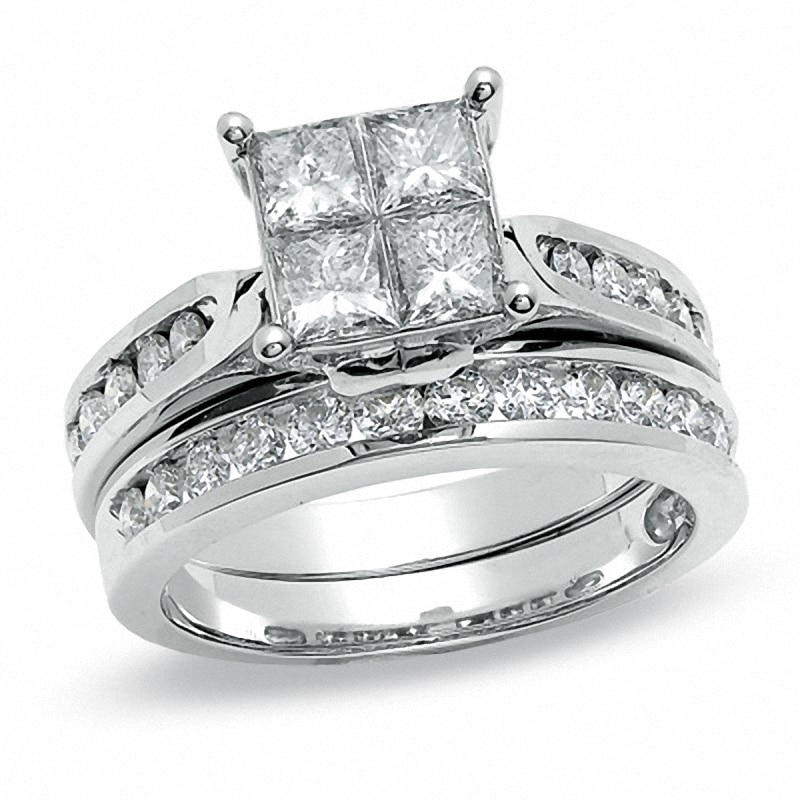 Main Image 1 of Previously Owned - 2 CT. T.W. Quad Princess-Cut Diamond Bridal Set in 14K White Gold