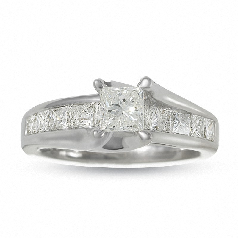 Previously Owned - 1-1/2 CT. T.W. Princess-Cut Diamond Bridge Engagement Ring in 14K White Gold
