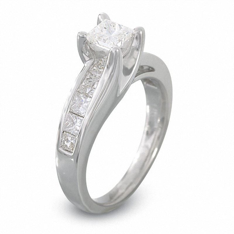 Previously Owned - 1-1/2 CT. T.W. Princess-Cut Diamond Bridge Engagement Ring in 14K White Gold