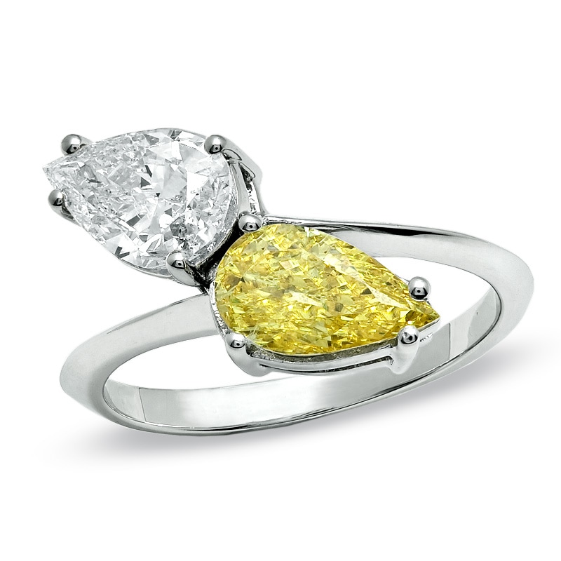 Previously Owned - 2 CT. T.W. Pear-Shaped Enhanced Fancy Yellow and White Diamond Bypass Ring in 14K White Gold (I/I2)