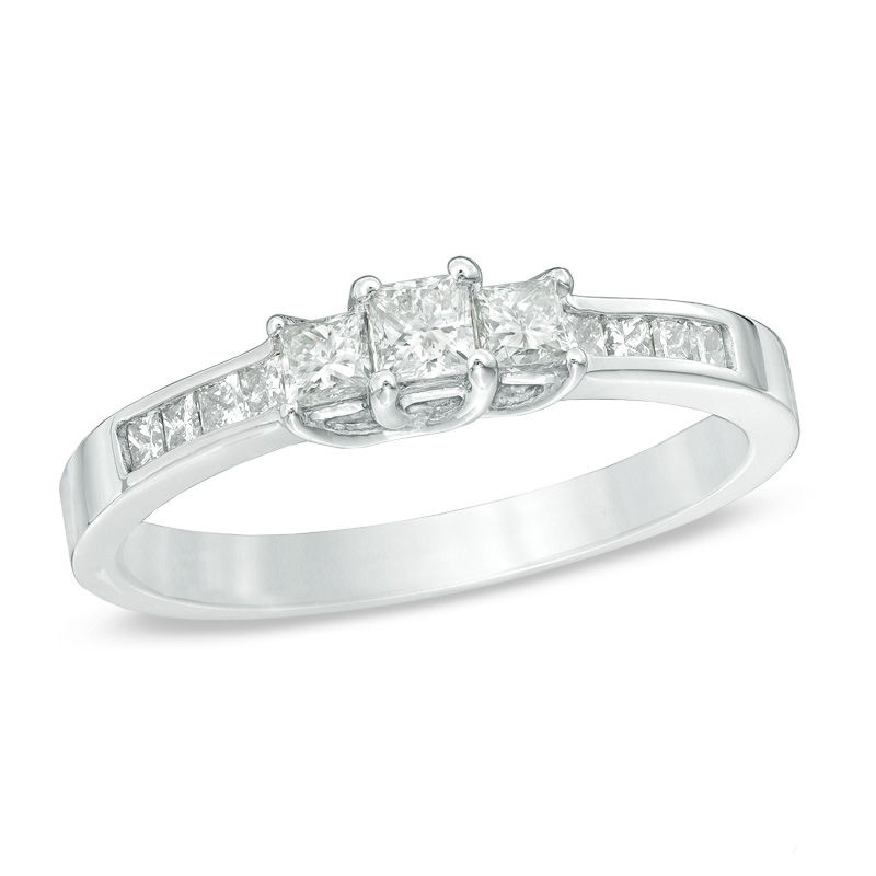 Main Image 1 of Previously Owned - 1/2 CT. T.W. Princess-Cut Diamond Three Stone Engagement Ring in 10K White Gold