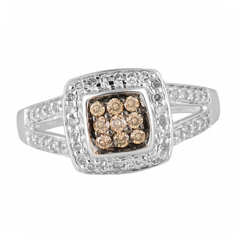 Main Image 1 of Previously Owned - 3/8 CT. T.W. Champagne and White Diamond Square Frame Ring in 10K White Gold