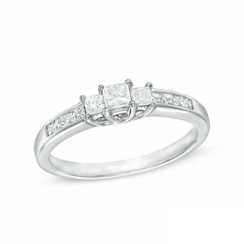 Main Image 1 of Previously Owned - 1/2 CT. T.W. Princess-Cut Diamond Three Stone Engagement Ring in 10K White Gold