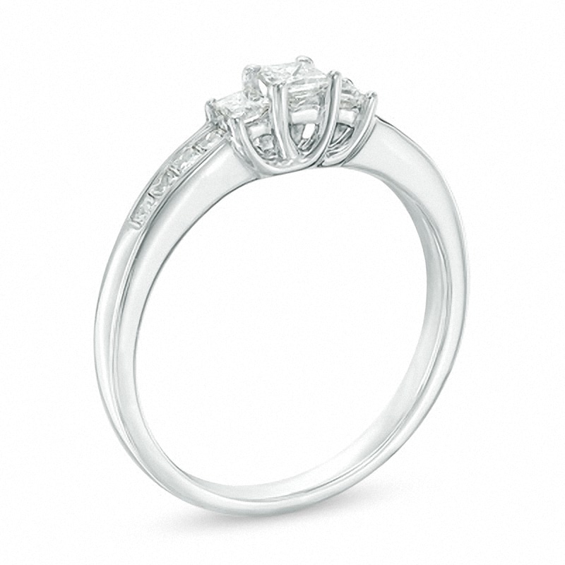 Main Image 2 of Previously Owned - 1/2 CT. T.W. Princess-Cut Diamond Three Stone Engagement Ring in 10K White Gold