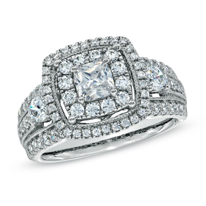Previously Owned - 1-3/4 CT. T.W. Princess-Cut Diamond Double Frame Engagement Ring in 14K White Gold
