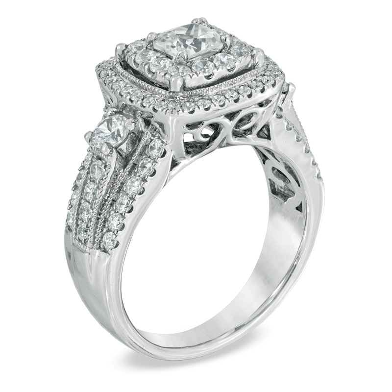 Previously Owned - 1-3/4 CT. T.W. Princess-Cut Diamond Double Frame Engagement Ring in 14K White Gold