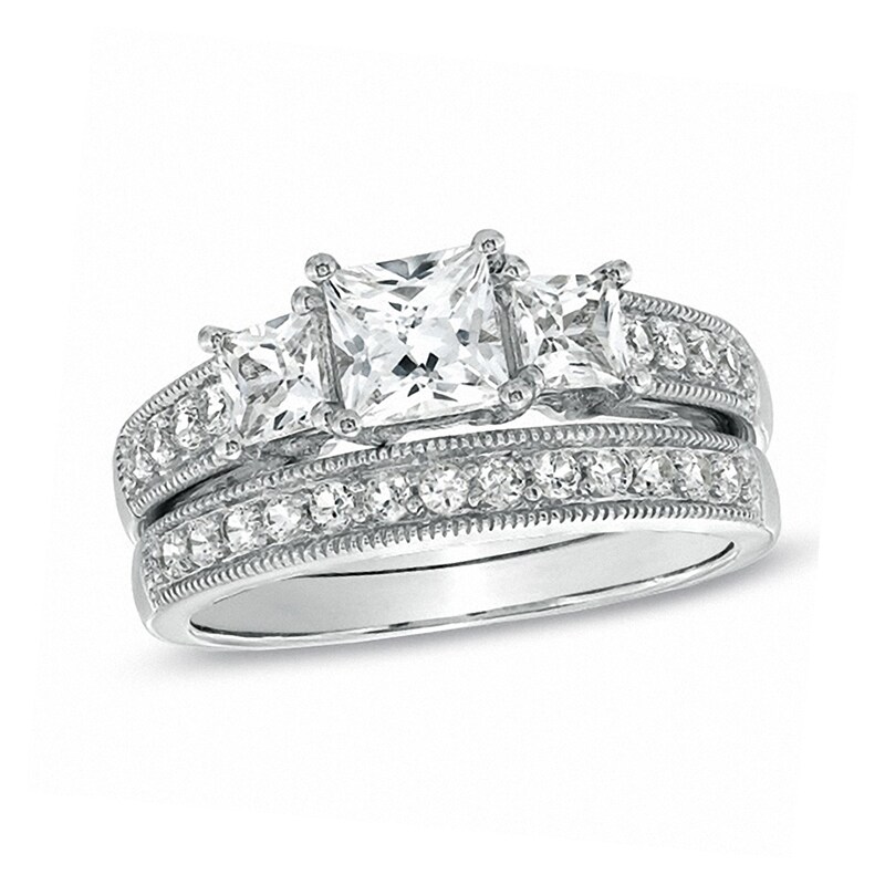Main Image 1 of Previously Owned - Princess-Cut Lab-Created White Sapphire Three Stone Vintage-Style Bridal Set in Sterling Silver
