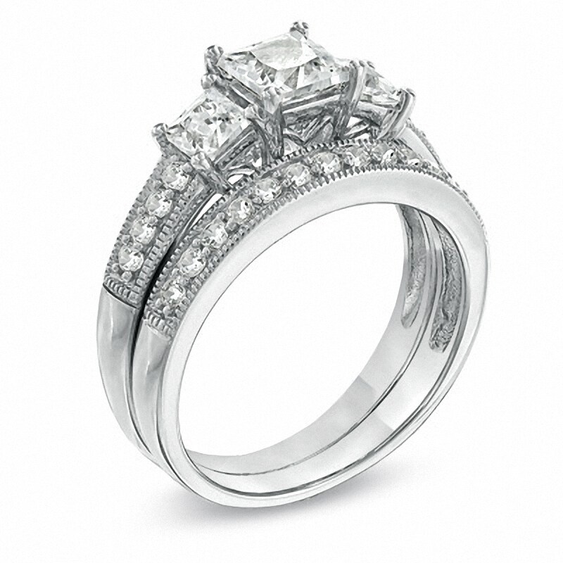 Main Image 2 of Previously Owned - Princess-Cut Lab-Created White Sapphire Three Stone Vintage-Style Bridal Set in Sterling Silver