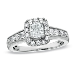 Previously Owned - 1 CT. T.W. Radiant-Cut Diamond Square Framed Engagement Ring in 14K White Gold