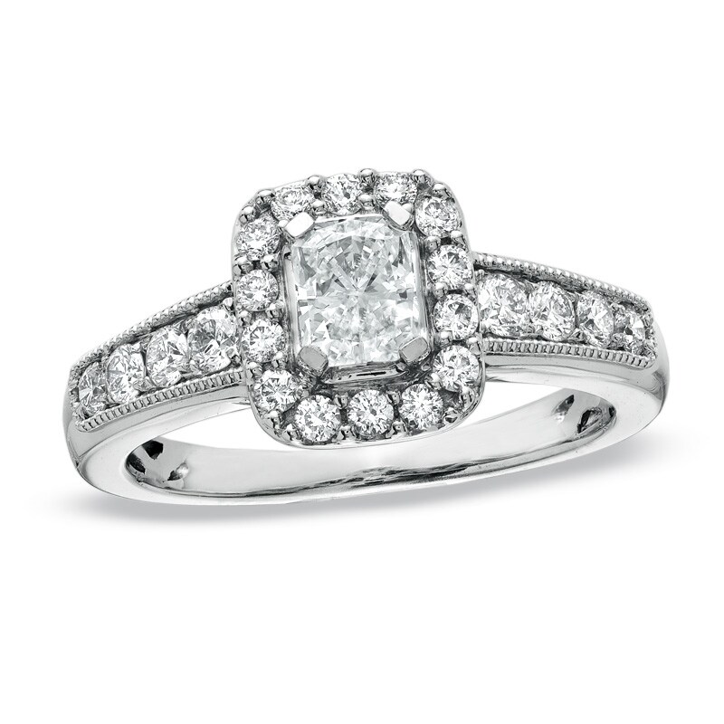 Main Image 1 of Previously Owned - 1 CT. T.W. Radiant-Cut Diamond Square Framed Engagement Ring in 14K White Gold