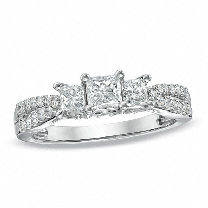 Previously Owned - 1 CT. T.W. Princess-Cut Diamond Three Stone Engagement Ring in 14K White Gold