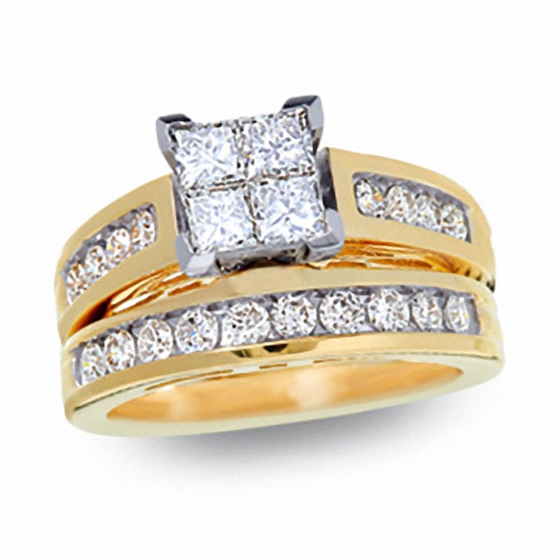 Main Image 1 of Previously Owned - 1-1/2 CT. T.W. Quad Princess-Cut Diamond Bridal Set in 14K Gold