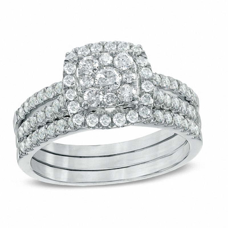 Main Image 1 of Previously Owned - 1 CT. T.W. Composite Diamond Frame Bridal Set in 10K White Gold