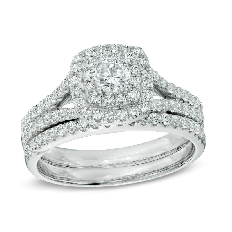 Main Image 1 of Previously Owned - 7/8 CT. T.W. Diamond Double Square Frame Bridal Set in 14K White Gold