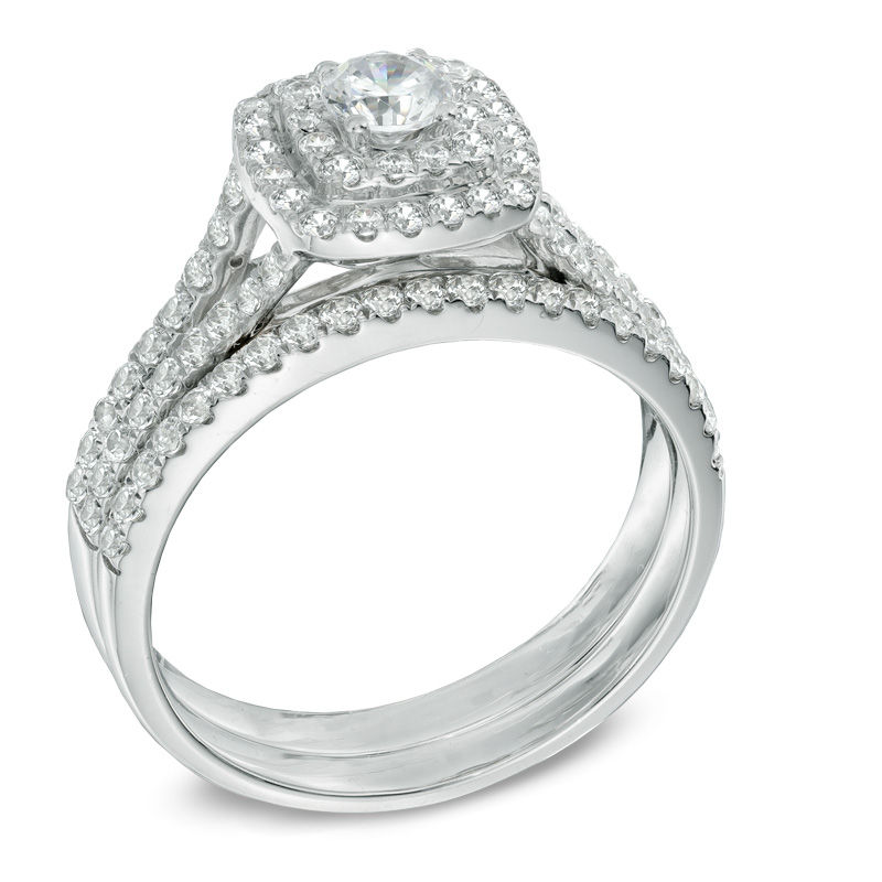 Main Image 2 of Previously Owned - 7/8 CT. T.W. Diamond Double Square Frame Bridal Set in 14K White Gold