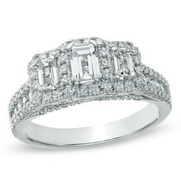 Previously Owned - 1-1/2 CT. T.W. Emerald-Cut Diamond Three Stone Frame Ring in 14K White Gold