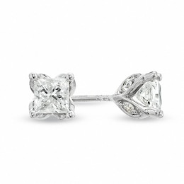 Previously Owned - 1-1/3 CT. T.W. Princess-Cut Diamond Tulip Stud Earrings in 14K White Gold