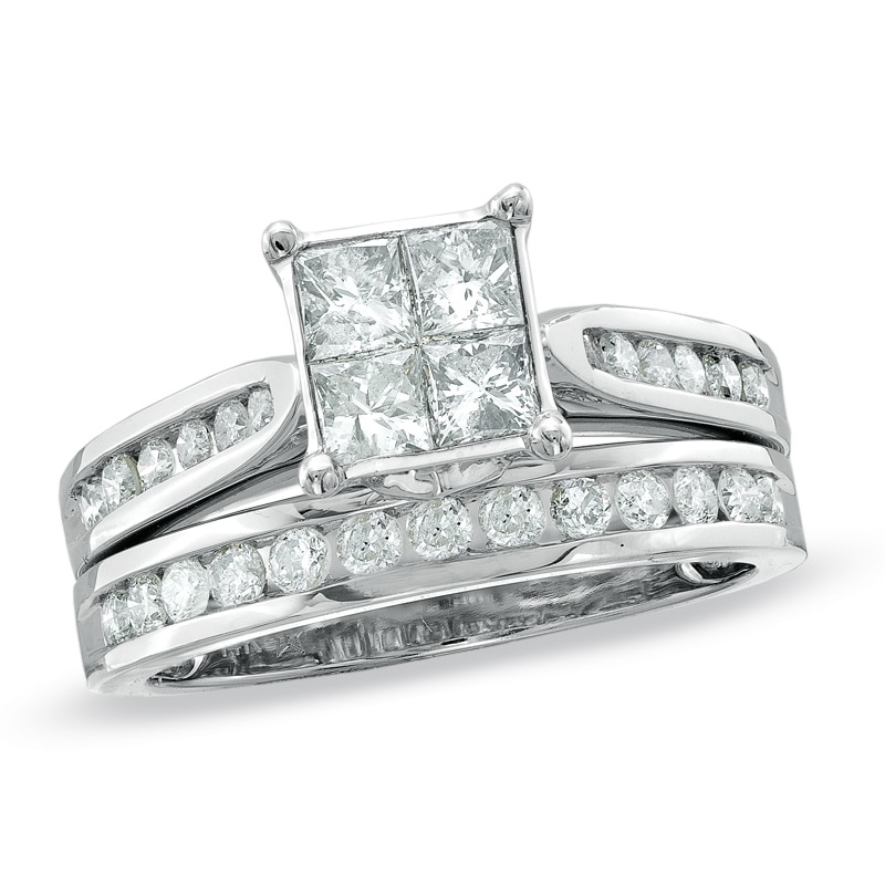 Main Image 1 of Previously Owned - 1-1/4 CT. T.W. Princess-Cut Quad Diamond Bridal Set in 14K White Gold