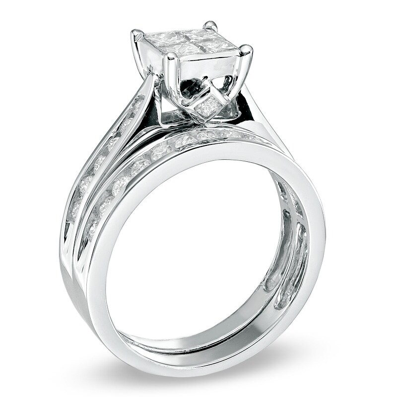 Main Image 2 of Previously Owned - 1-1/4 CT. T.W. Princess-Cut Quad Diamond Bridal Set in 14K White Gold